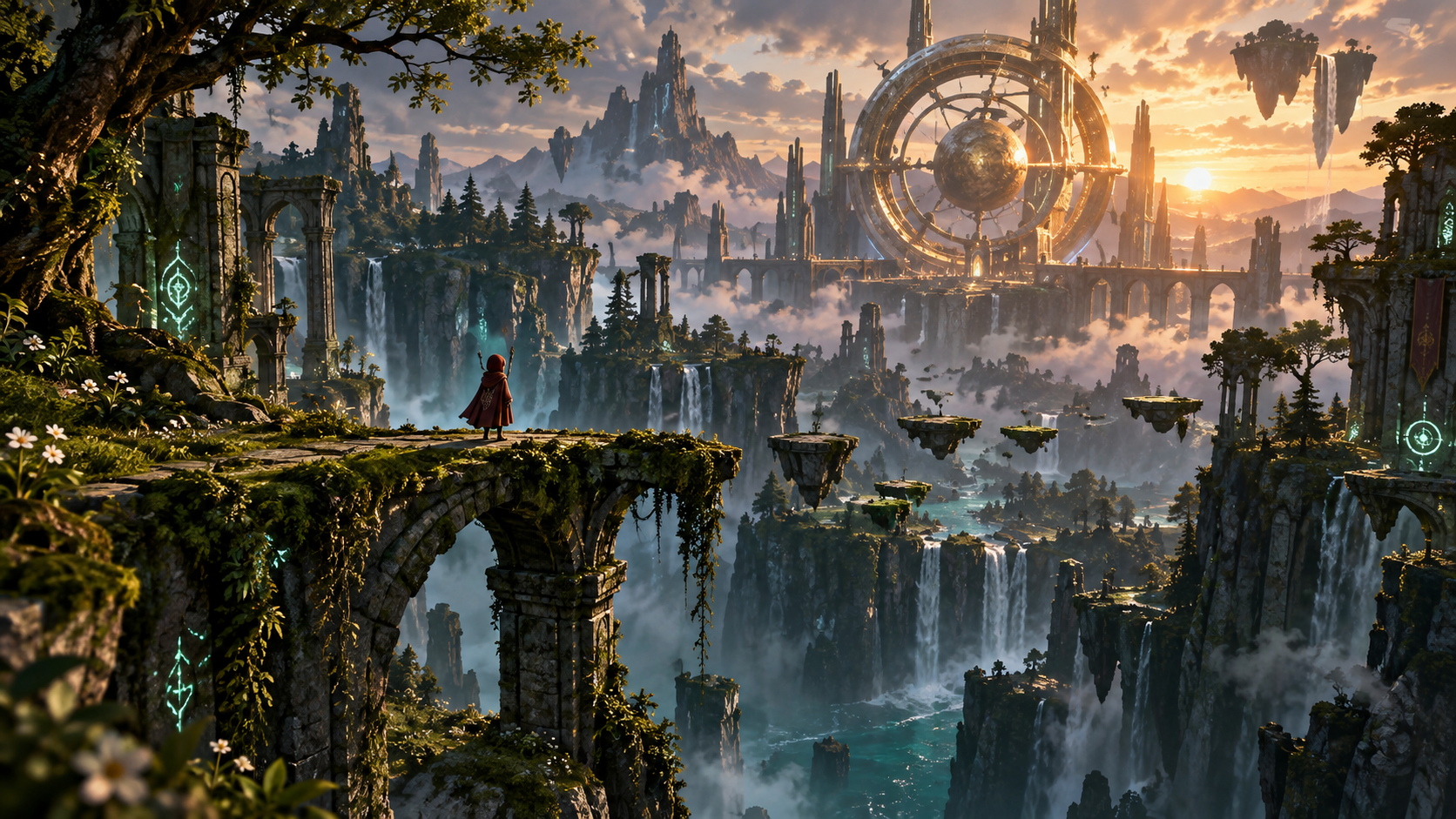 A cloaked explorer approaches an ancient glowing machine above a forest canyon.