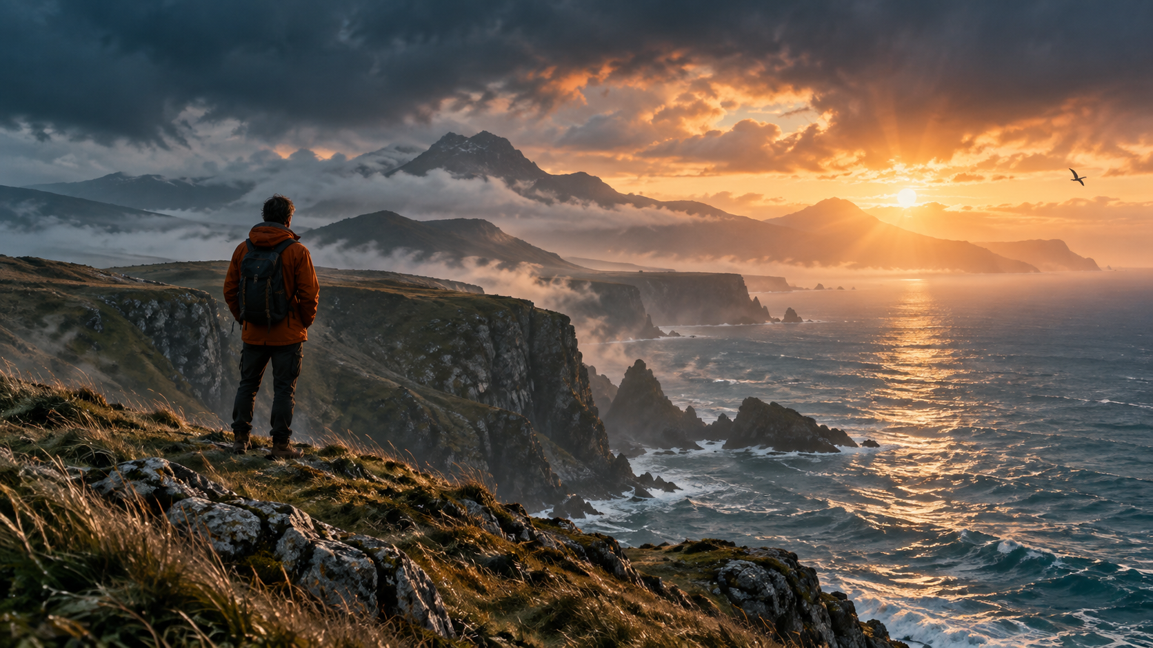 An explorer looks across a misty Welsh coastline at sunrise.